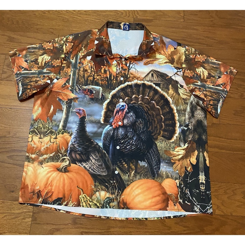 Hardaddy Shirt 4XL Turkey Fall Farm Autumn Graphic‎ Print Button Up Short Sleeve